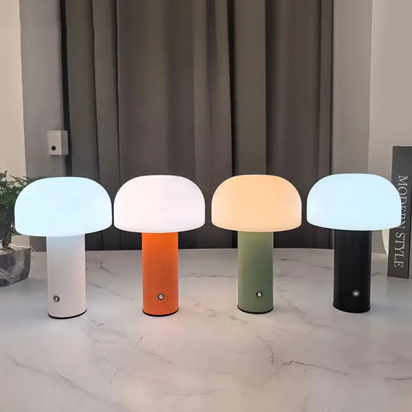 Rechargeable LED Mushroom Table Lamp – Touch Dimmable, Nordic Minimalist Design in White, Orange, Green, and Black.
