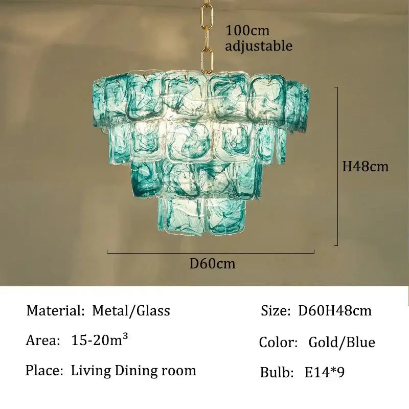 Blue Glass Chandelier with Polished Chrome Finish featuring a stunning blue glass design and adjustable height for elegance.