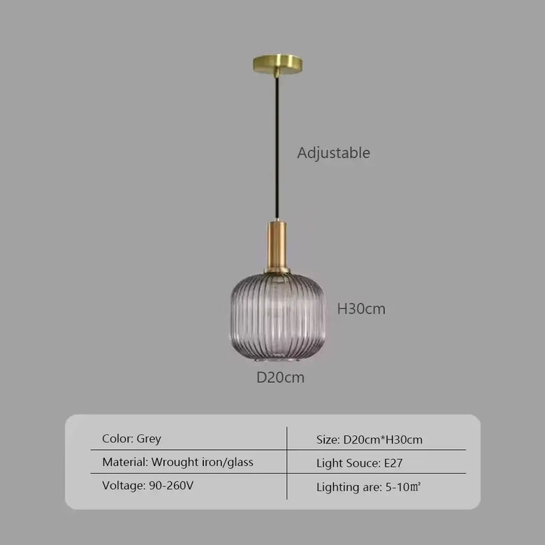 Pendant Light: Modern Nordic Glass Hanging Lighting Fixtures - Adjustable grey striped glass lamp with brass fittings.