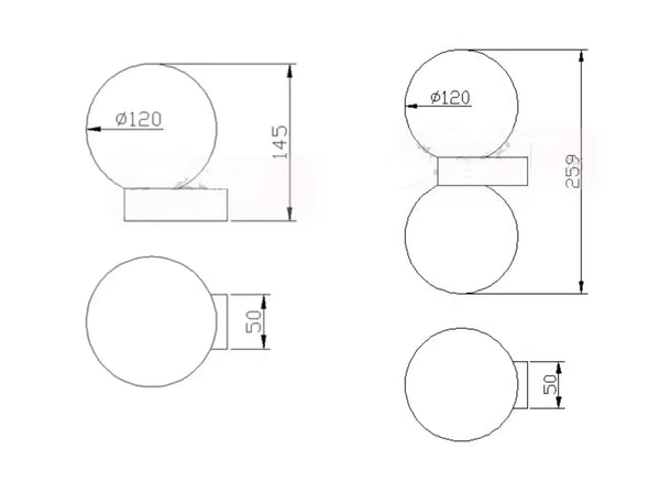 Chic Dual Bubble Wall Light - Modern & Versatile Lighting technical drawing dimensions and design details