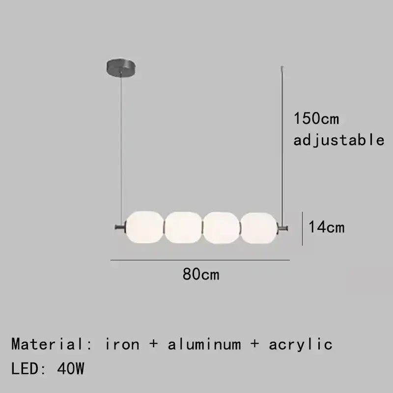 Diagram of Nordic Art Deco Linear LED Pendant Light – Sculptural Acrylic & Iron Chandelier, featuring 80cm length and 40W LED.