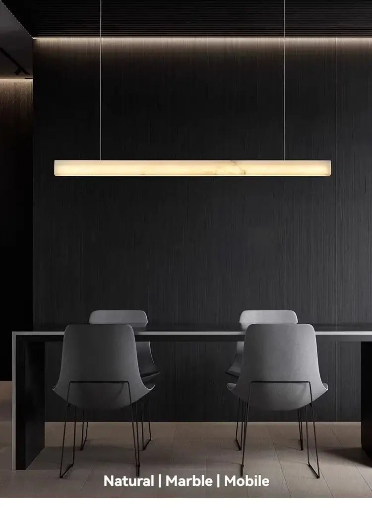 Natural Marble Linear Pendant Light 80–120cm over modern dining table, showcasing sleek design and 3-color LED lighting.