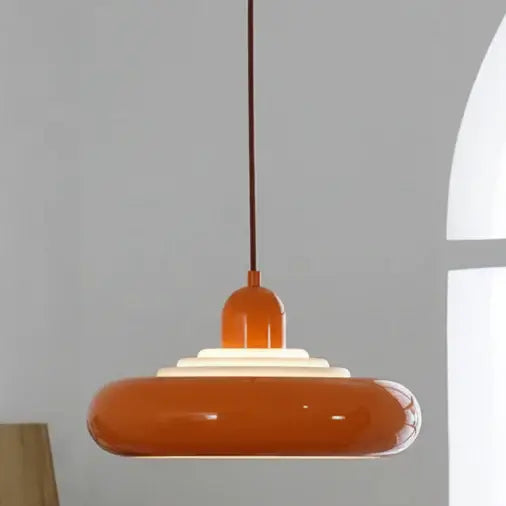 Cream Enamel Vintage Pendant Light with Chrome Detail