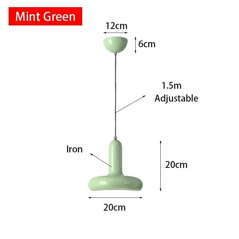 60s Scandinavian Style Kitchen Pendant Lamp in mint green color with adjustable height and iron construction.