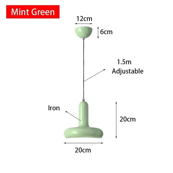 60s Scandinavian Style Kitchen Pendant Lamp in mint green color with adjustable height and iron construction.