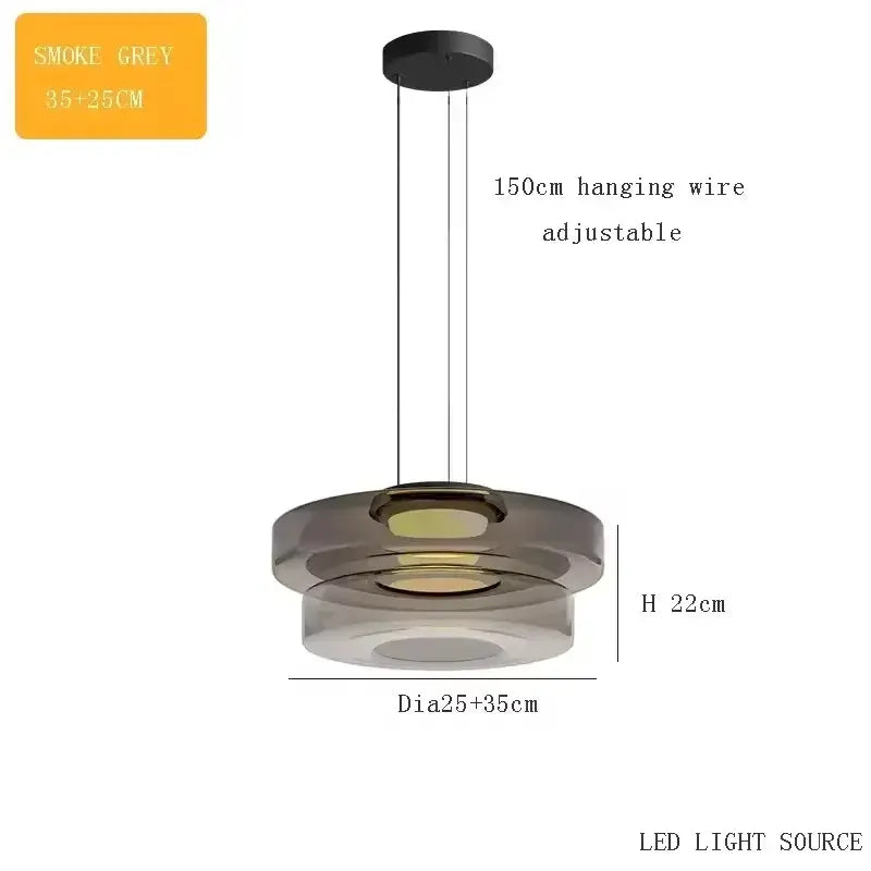 Layered Glass Pendant Light – Modern Amber, Green or Smoke Grey LED Suspension, adjustable wire, smoke grey finish