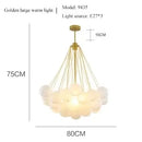 Contemporary Frosted Glass Ball & Gold Chain Chandelier with warm lighting and elegant design dimensions