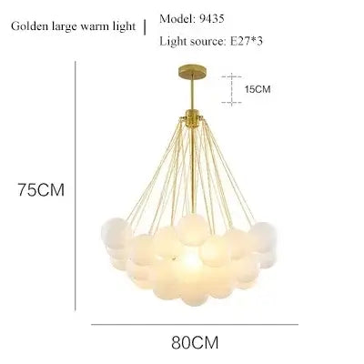 Contemporary Frosted Glass Ball & Gold Chain Chandelier with warm lighting and elegant design dimensions