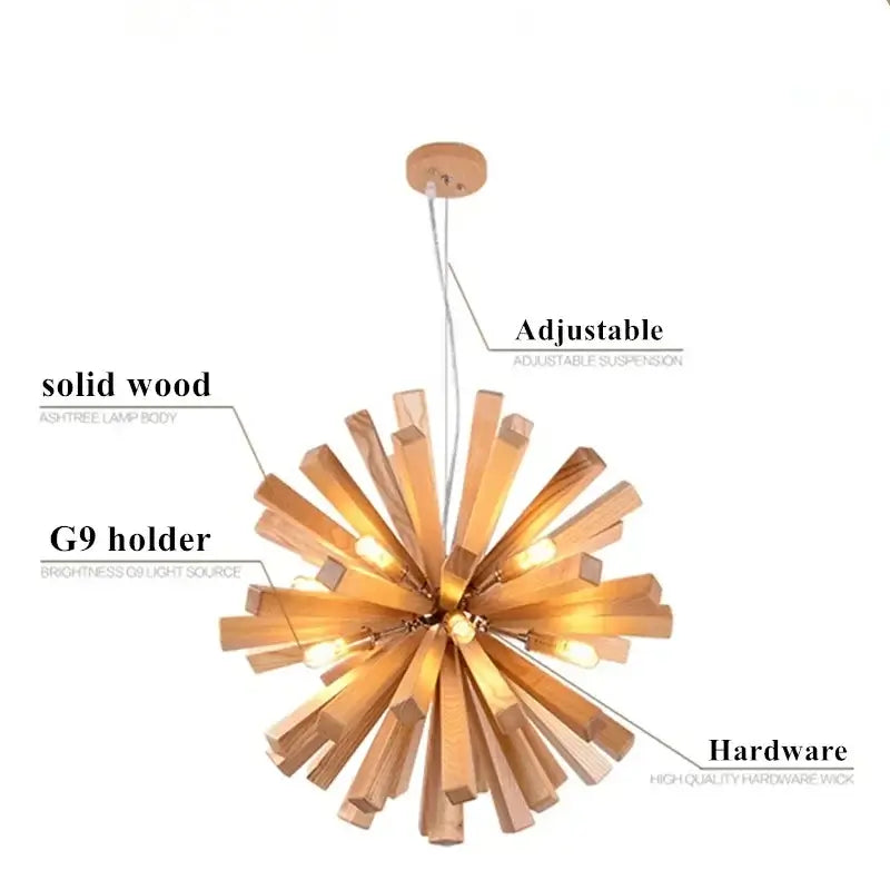 Solid Wood Oak Chandelier: Explosive Ball LED Light Fixture for Modern Living