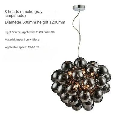 Nordic Smoke Glass Bubble Chandelier – Modern Grape Cluster Pendant Light with 8 smoke gray glass heads.