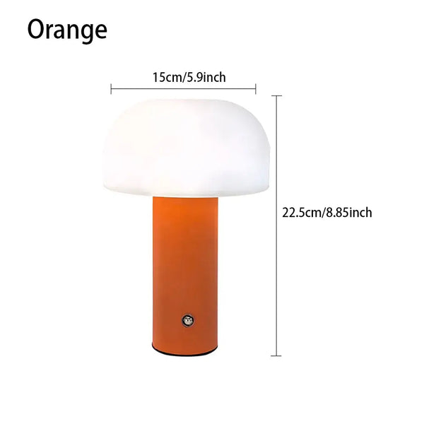 Rechargeable LED Mushroom Table Lamp – Touch Dimmable, Nordic Minimalist Design in Orange color with dimensions.