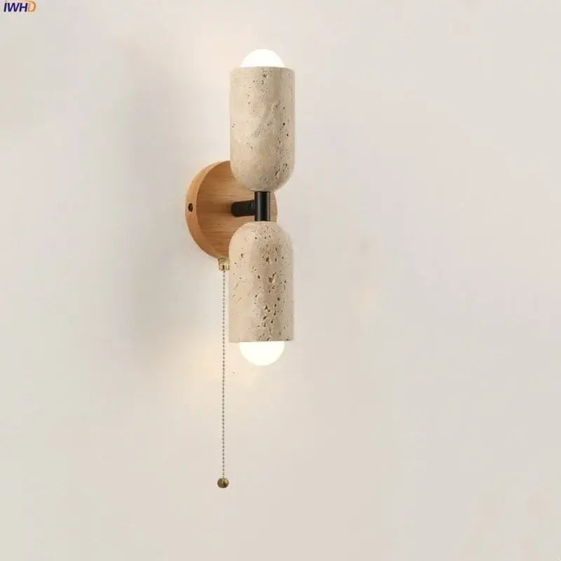 Travertine and Wood Wall Light – Nordic LED Lamp with Pull Chain