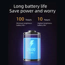 Long battery life graphic showing 100 hours at minimum brightness and 10 hours at highest brightness for a 2600 mAh battery.