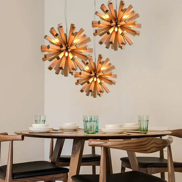 Solid Wood Oak Chandelier: Explosive Ball LED Light Fixture for Modern Living hanging above a dining table.