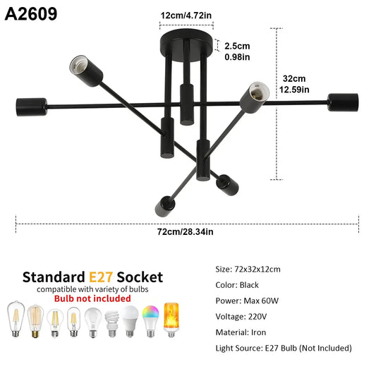 Black multi-arm ceiling light fixture with dimension markings showing 72cm width, 32cm height, and 12cm depth, plus text noting standard E27 socket compatibility and bulb not included.