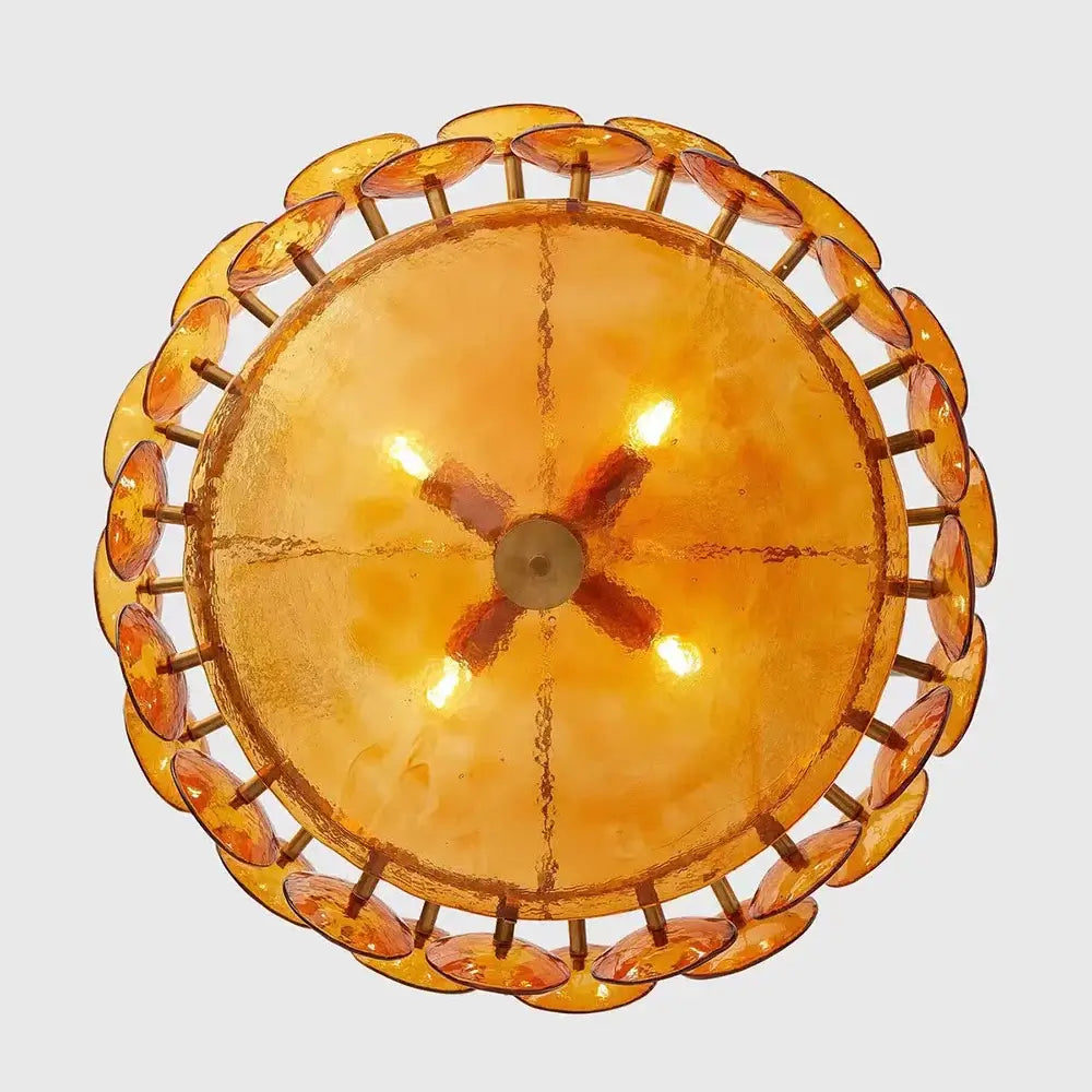 Luxurious Glass Disc Chandelier – 50s Chic featuring amber glass and iron construction, ideal for dining rooms and living spaces.