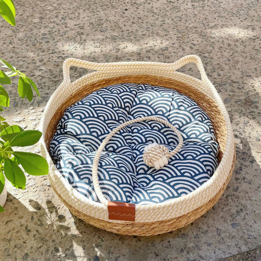 Stylish Rattan & Cotton Cat Bed in Natural Beige