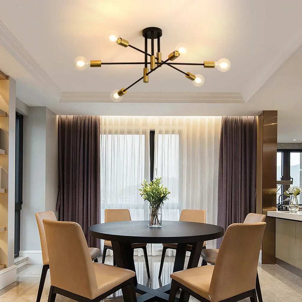 Plafonnier Spoutnik à 6 lumières – Style moderne du milieu du siècle noir et doré