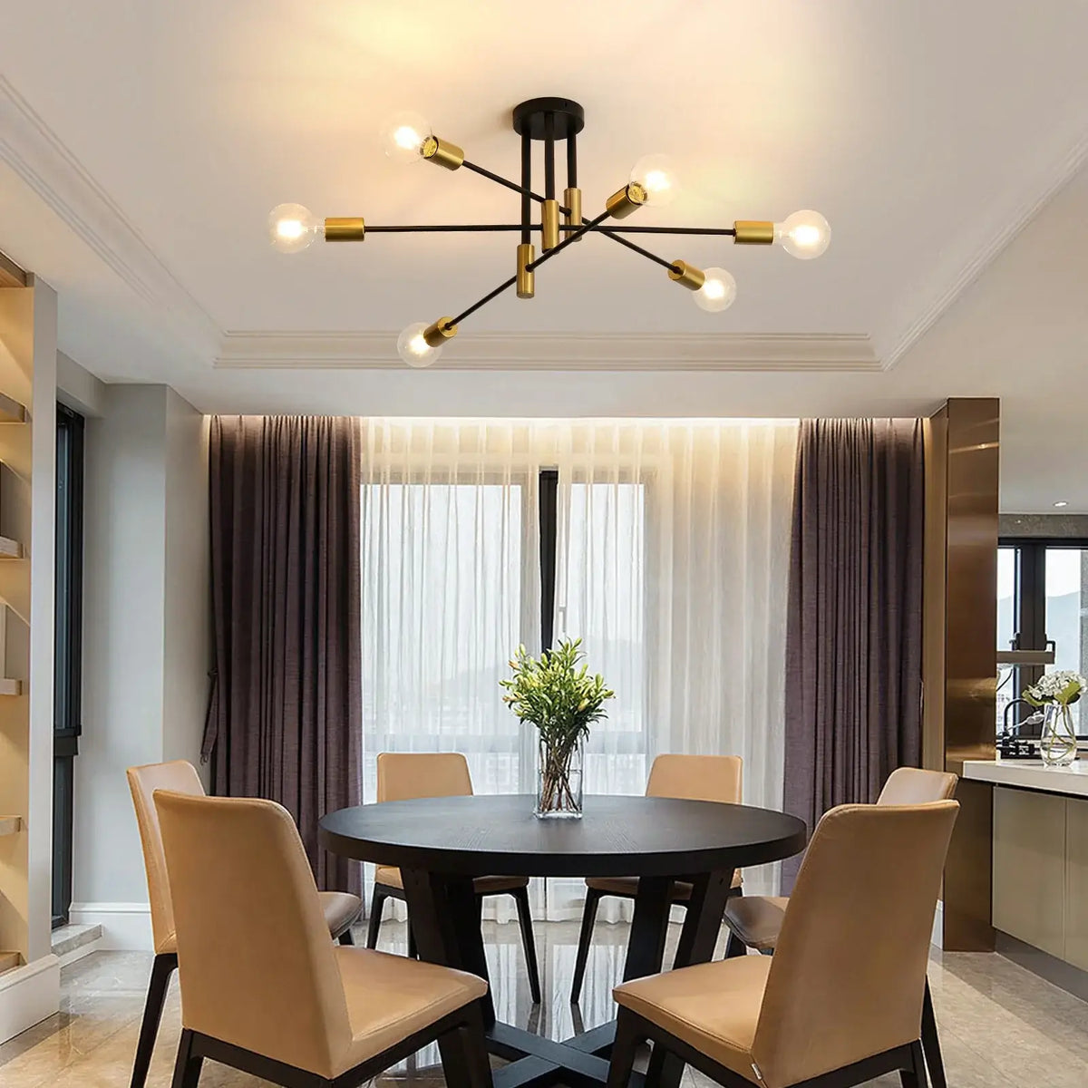 Plafonnier Spoutnik à 6 lumières – Style moderne du milieu du siècle noir et doré