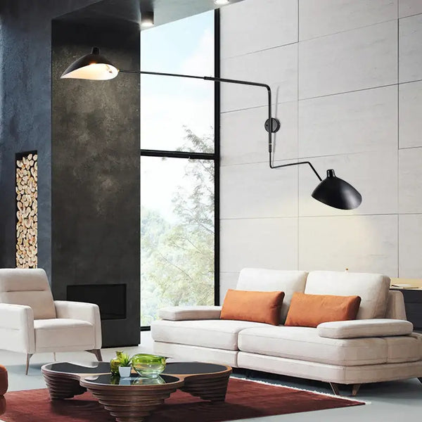 Swing Arm Nordic Loft Wall Lamp in stylish living room setting with modern decor and natural light.