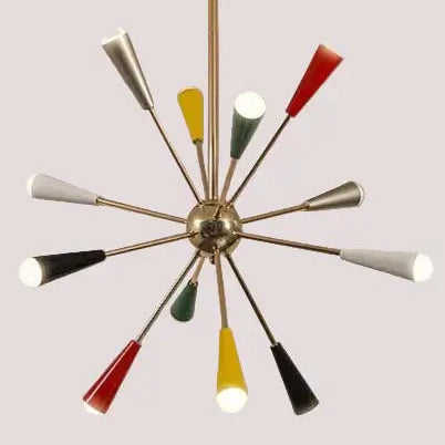 The Ultimate MCM Statement Light – Atomic Sputnik Chandelier with multicolored shades and sculptural design.