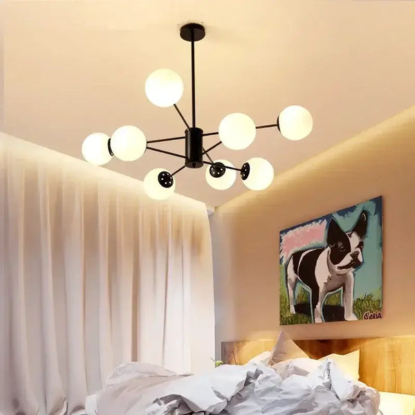 Elegant Mid-Century Modern Pendant Light – Perfect for Hotel Lobbies and Dining Rooms hanging in a stylish bedroom.