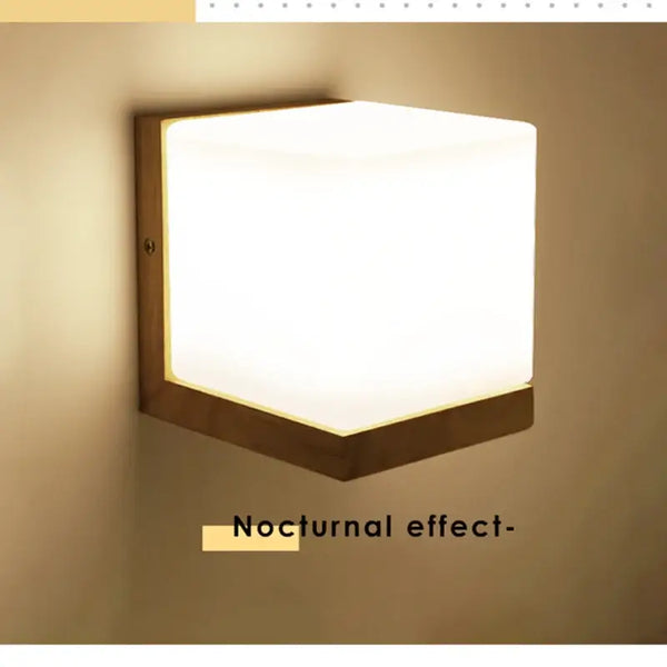 Wood and Frosted Glass Japanese Minimalist Sconces illuminating a wall with a soft nocturnal effect.