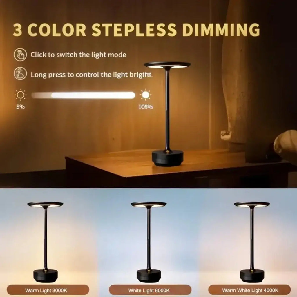 Minimalist Disc Cordless Table Lamp – Rechargeable, Touch Dimmer