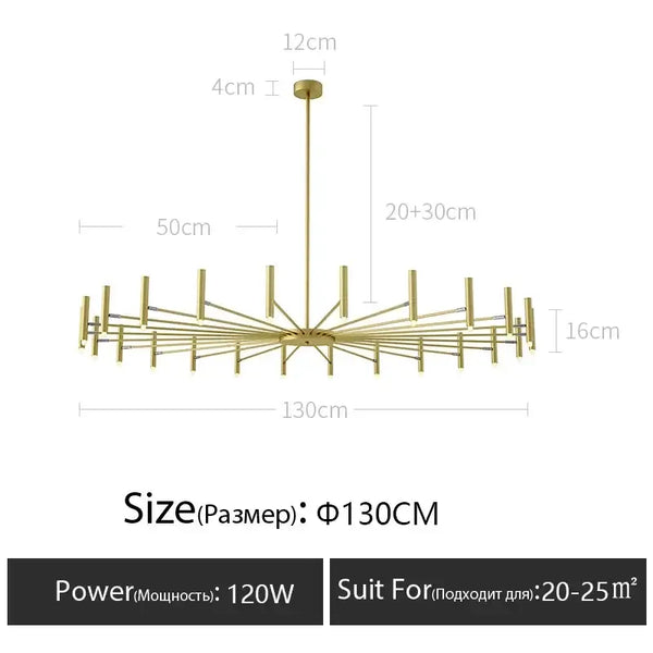 Modern Starburst LED Chandelier – 24-Light Sculptural Ceiling Statement with gold finish and dimensions