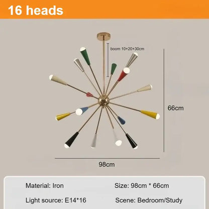The Ultimate MCM Statement Light – Atomic Sputnik Chandelier with 16 colorful heads, 98cm in size for stylish interiors.