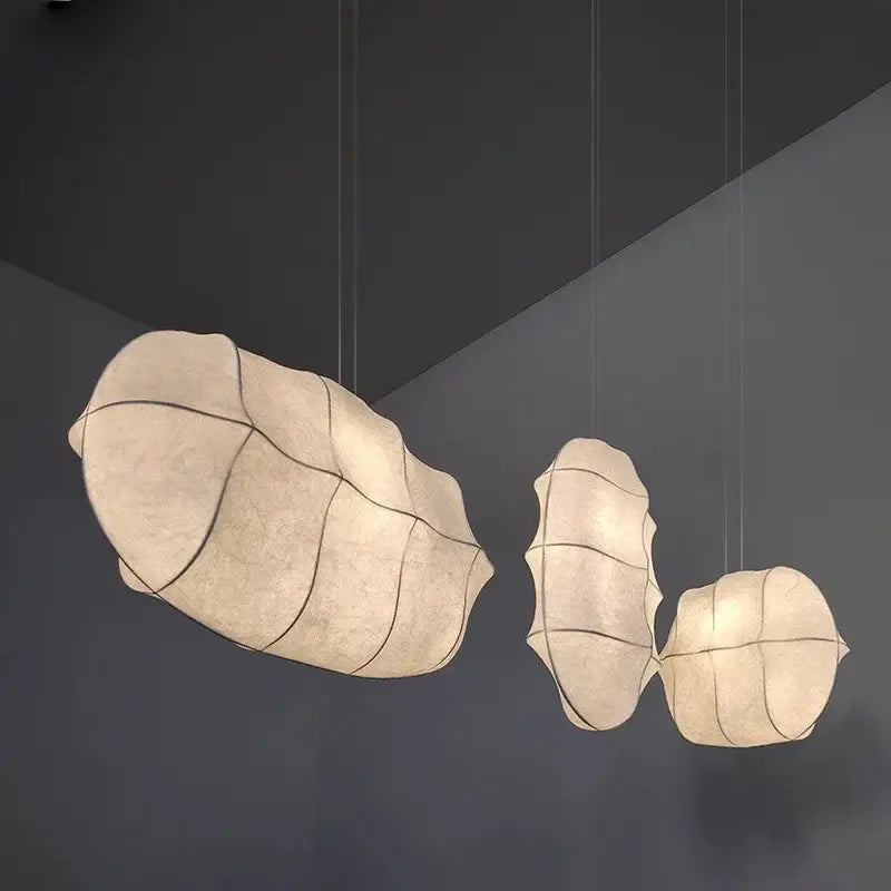 Japanese Wabi-Sabi Silk Pendant Light – Sculptural White Hanging Lamp showcasing organic shapes and soft glow.