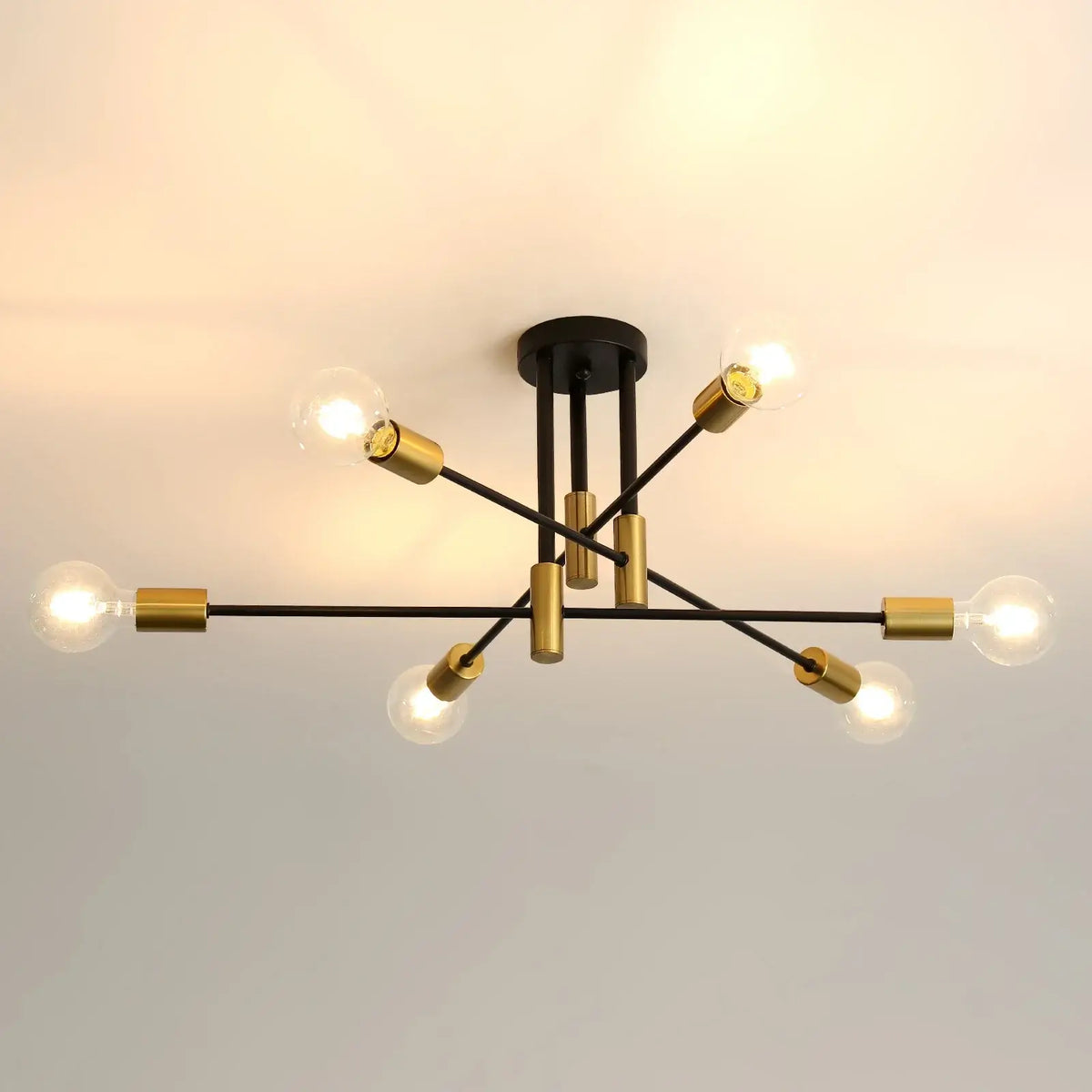 Plafonnier Spoutnik à 6 lumières – Style moderne du milieu du siècle noir et doré
