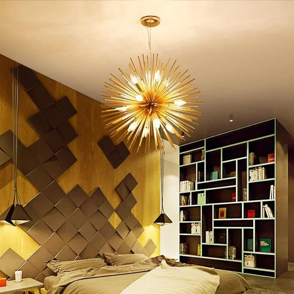 Mid-Century Modern Gold Starburst Chandelier – 9 or 12 Lights
