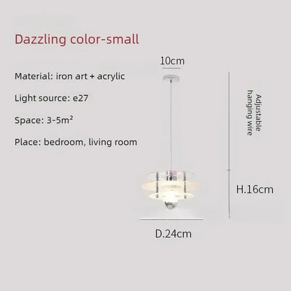 Space Age Acrylic Colorful Pendant Light dimensions and details, showcasing adjustable hanging wire and vibrant design.