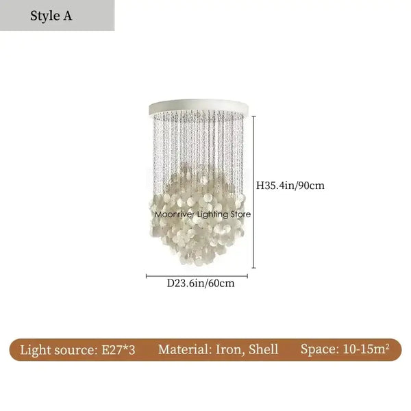70s Retro Shell Multi-String Light Pendant with luxurious shell accents, 23.6cm wide, 35.4in height.