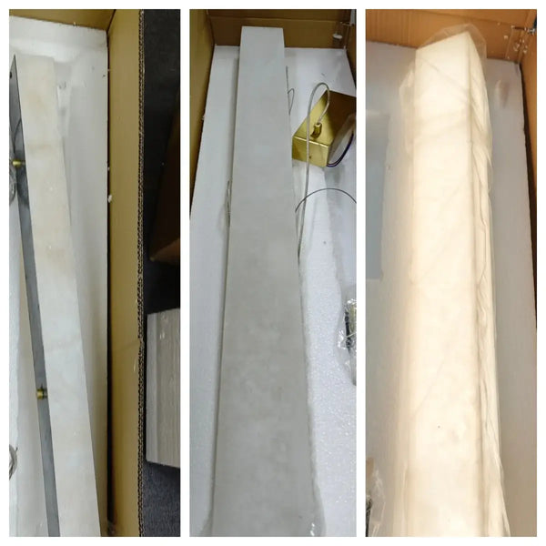 Natural Marble Linear Pendant Light 80–120cm components in packaging showing linear design and materials.