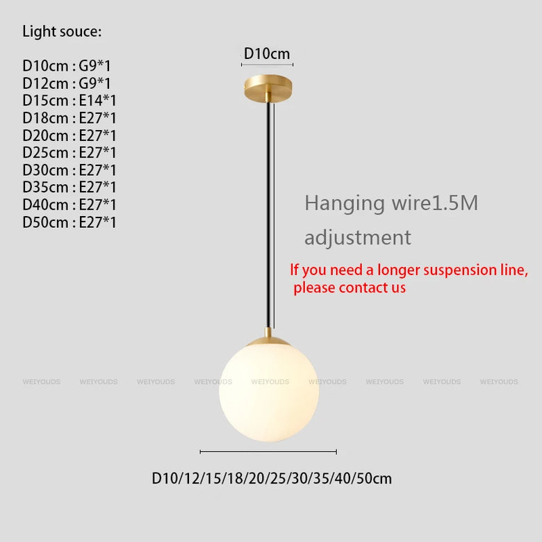 White Glass Globe Pendant Light with Brass or Black Detail
