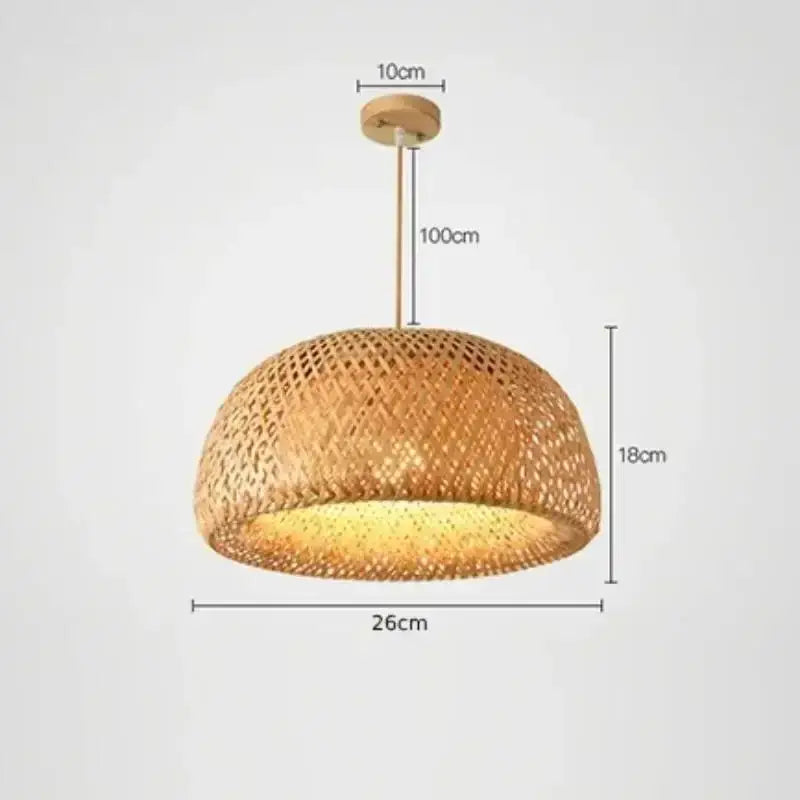 Chic Mid-Century Rattan Chandeliers with woven design, dimensions 26cm diameter and 18cm height, illuminating soft light.