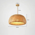 Chic Mid-Century Rattan Chandeliers with woven design, dimensions 26cm diameter and 18cm height, illuminating soft light.