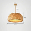 Chic Mid-Century Rattan Chandeliers with woven design, dimensions 26cm diameter and 18cm height, illuminating soft light.