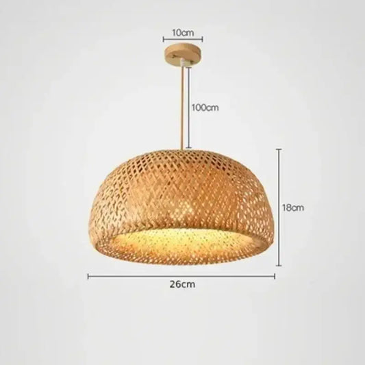 Chic Mid-Century Rattan Chandeliers with woven design, dimensions 26cm diameter and 18cm height, illuminating soft light.