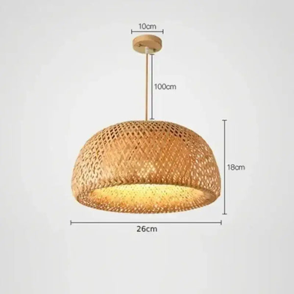 Chic Mid-Century Rattan Chandeliers with woven design, dimensions 26cm diameter and 18cm height, illuminating soft light.