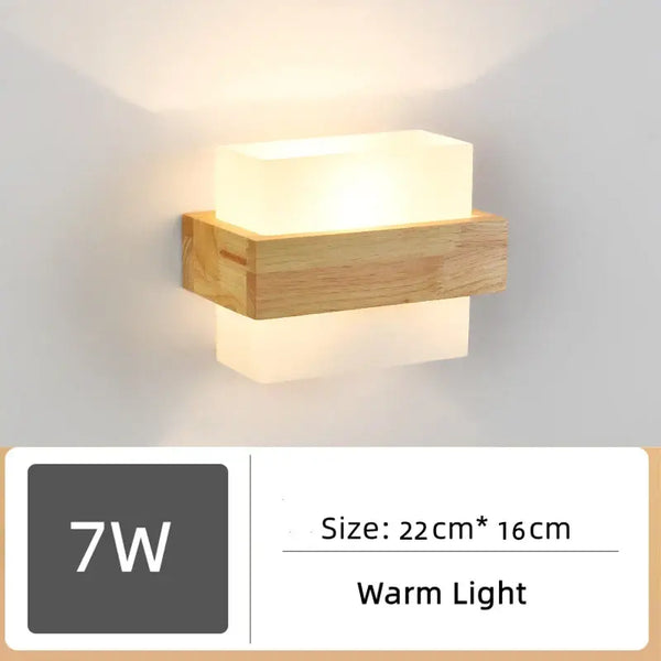 Wood and Frosted Glass Japanese Minimalist Sconces with warm light, measuring 22cm x 16cm.
