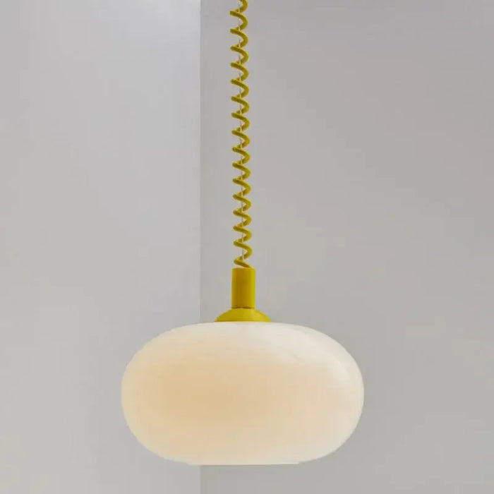 Bauhaus Glass Chandeliers with bright cord hanging pendant light with hand-blown glass shade and colorful spiral wire.