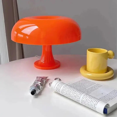 Italian 60s Lamp in vibrant orange, a modern minimalist LED mushroom table lamp for stylish home decor.