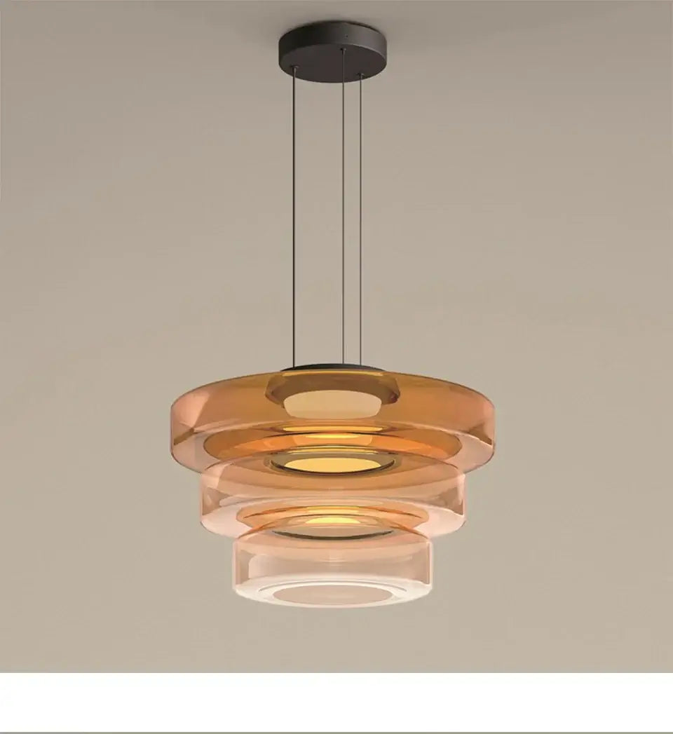 Layered Glass Pendant Light – Modern Amber, Green or Smoke Grey LED Suspension in sculptural design with adjustable wire and LED light.