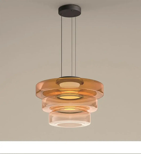 Layered Glass Pendant Light – Modern Amber, Green or Smoke Grey LED Suspension in amber finish.
