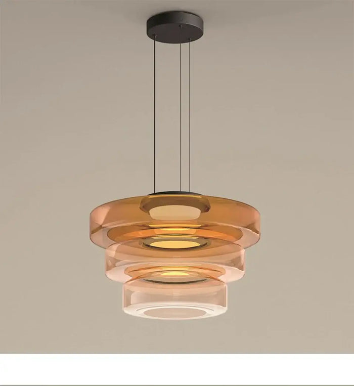 Layered Glass Pendant Light – Modern Amber, Green or Smoke Grey LED Suspension in amber finish.