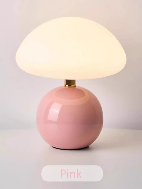 Mushroom LED USB Table Lamp in Pink – Soft Glow Bedside Lighting with a round pink base and white shade.