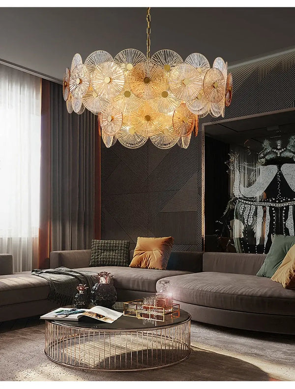 Retro 50s Glass & Iron Chandelier Gold Frame